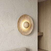 Travertine and Wood Wall Light with Warm LED Glow for Indoor Decor