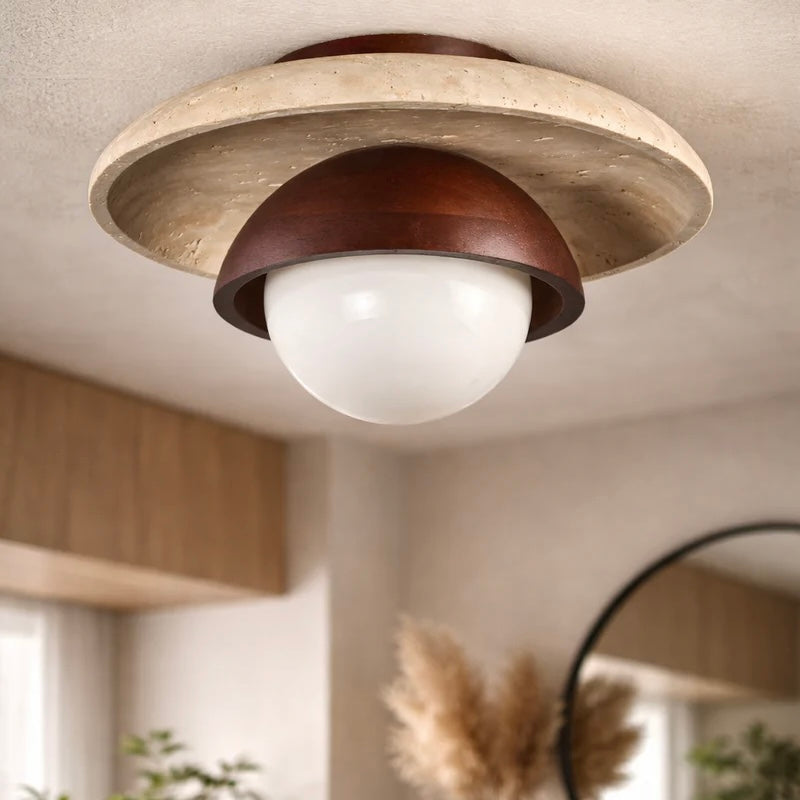 Travertine Ceiling and Wall Light with Opaline Glass Shade