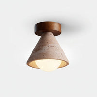 Travertine Ceiling Light with Opal Glass and Solid Wood Details
