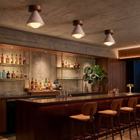 Travertine Ceiling Light with Opal Glass and Solid Wood Details
