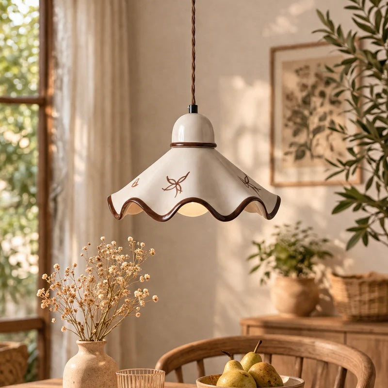 Ceramic Pendant Light with Pleated Matte Finish and Adjustable Cord