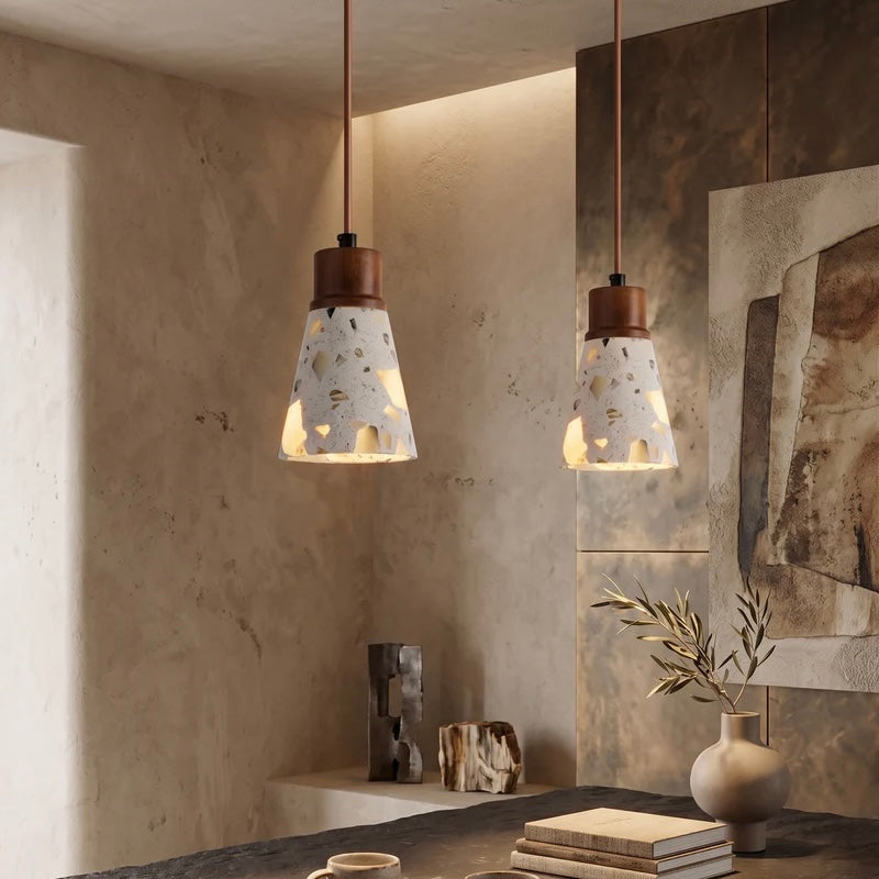 Terrazzo and Wood Pendant Light with Adjustable Ceiling Cable