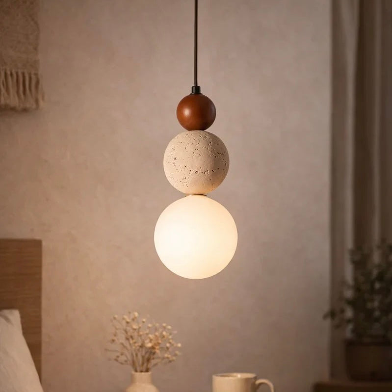 Sculptural Suspension Light with Wood, Stone, and Frosted Glass