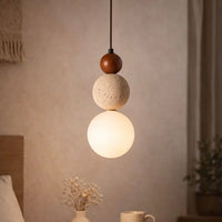 Sculptural Suspension Light with Wood, Stone, and Frosted Glass