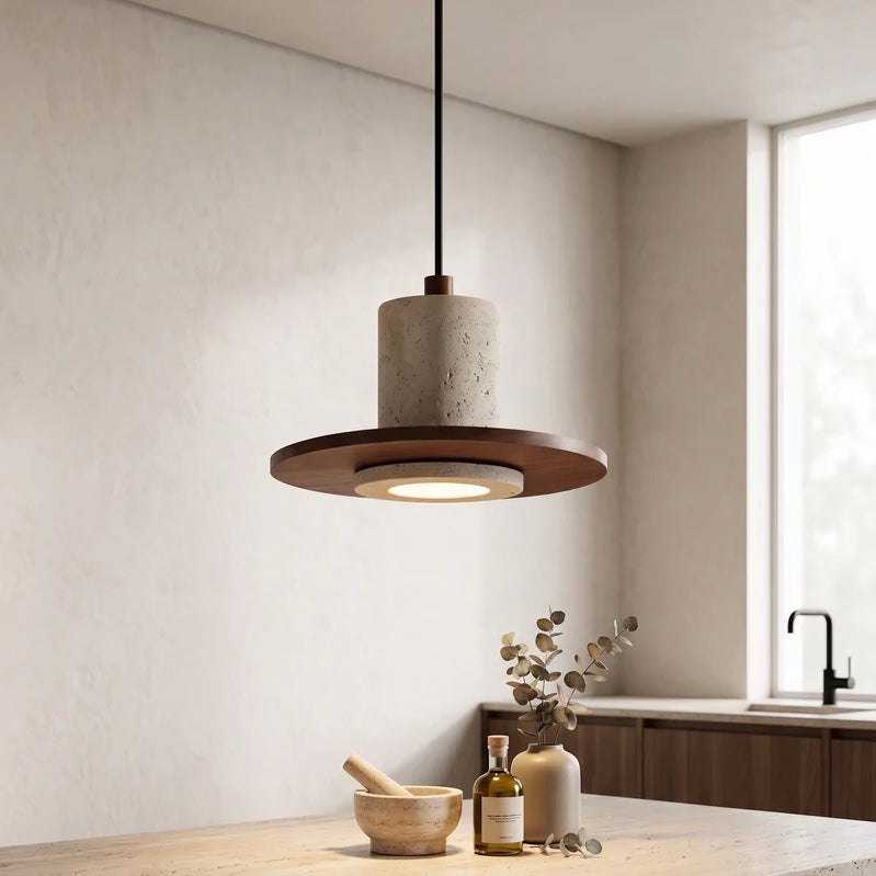Travertine pendant light with wood trim