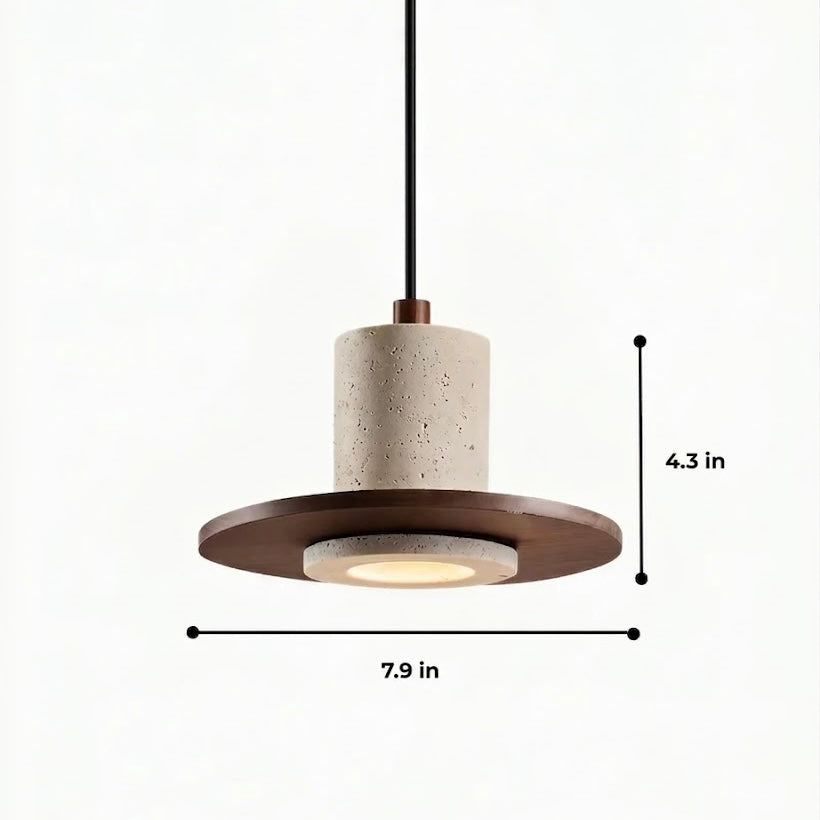 Travertine pendant light with wood trim