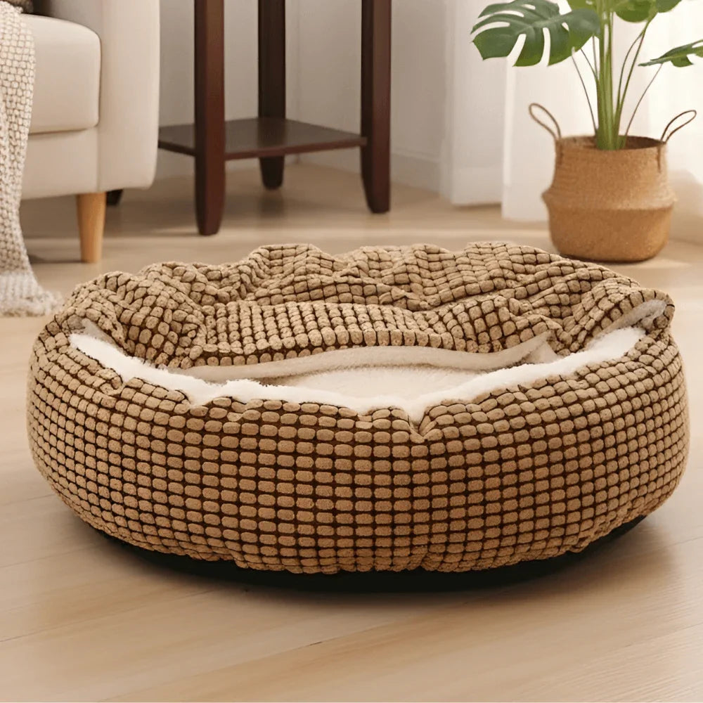 Pet Bed with Hooded Cover and Soft Fleece Interior for Indoor Use