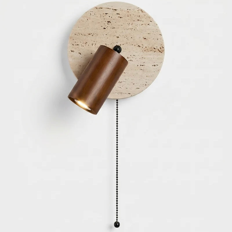 Travertine Wall Light with Wood and Metal Details for Indoor Spaces