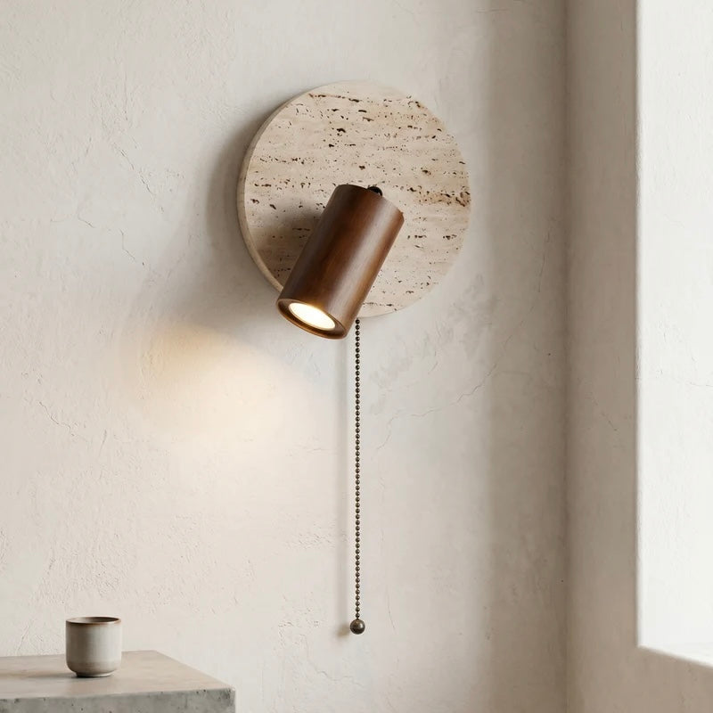 Travertine Wall Light with Wood and Metal Details for Indoor Spaces
