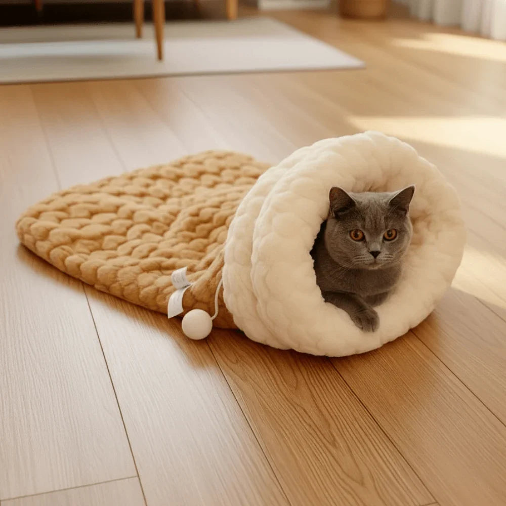 Plush Cat Sleeping Bag with Semi Enclosed Design and Washable Design