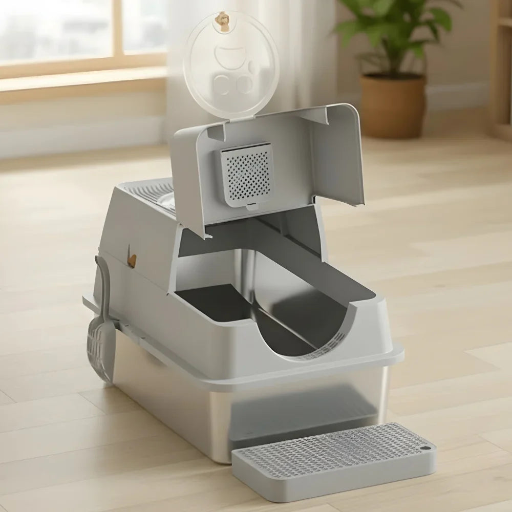 Stainless Steel Litter Box Flip-Top Design