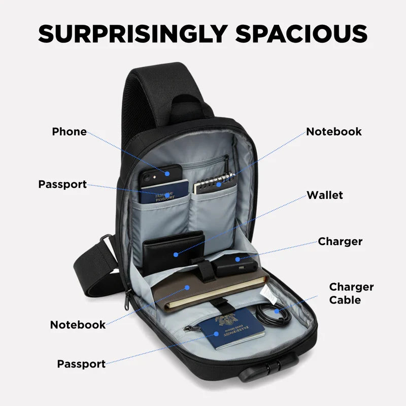 Crossbody Travel Bag with USB Charging Function and Zip Pockets