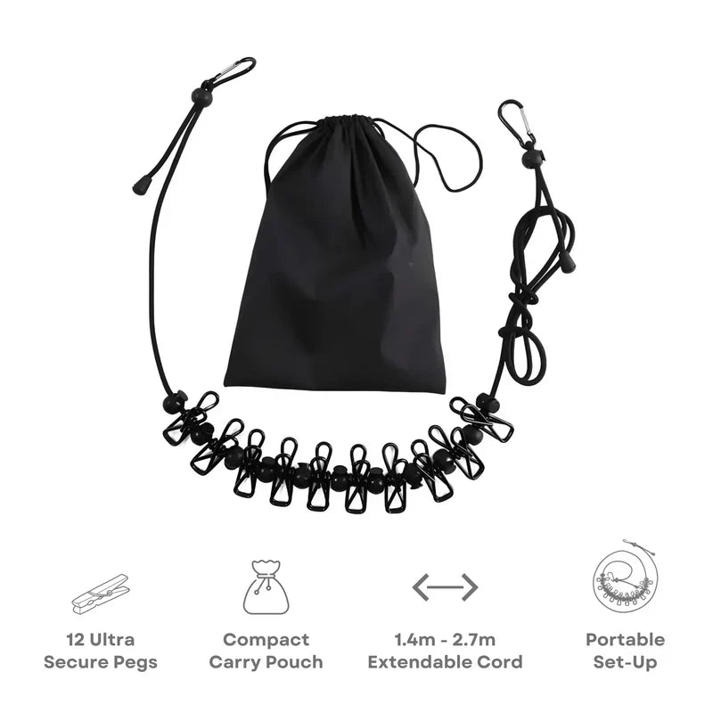 Portable Travel Clothesline with Stretch Cord and Steel Hook Design