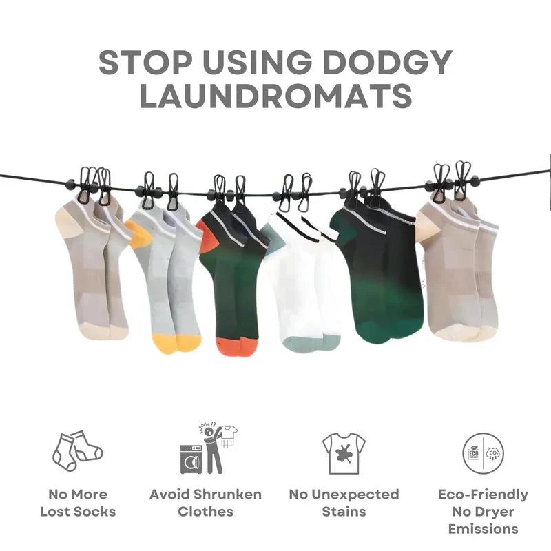 Portable Travel Clothesline with Stretch Cord and Steel Hook Design
