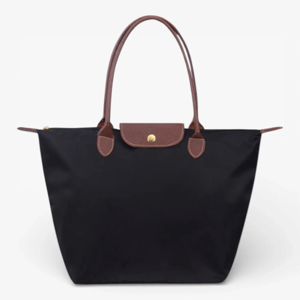 Nylon Carry Bag with Leather Trim and Zipper Closure for Women
