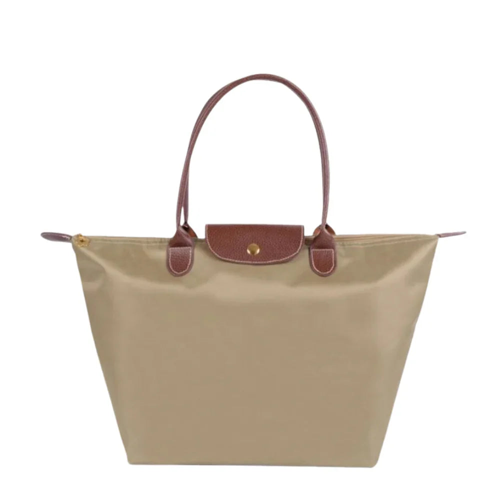 Nylon Carry Bag with Leather Trim and Zipper Closure for Women