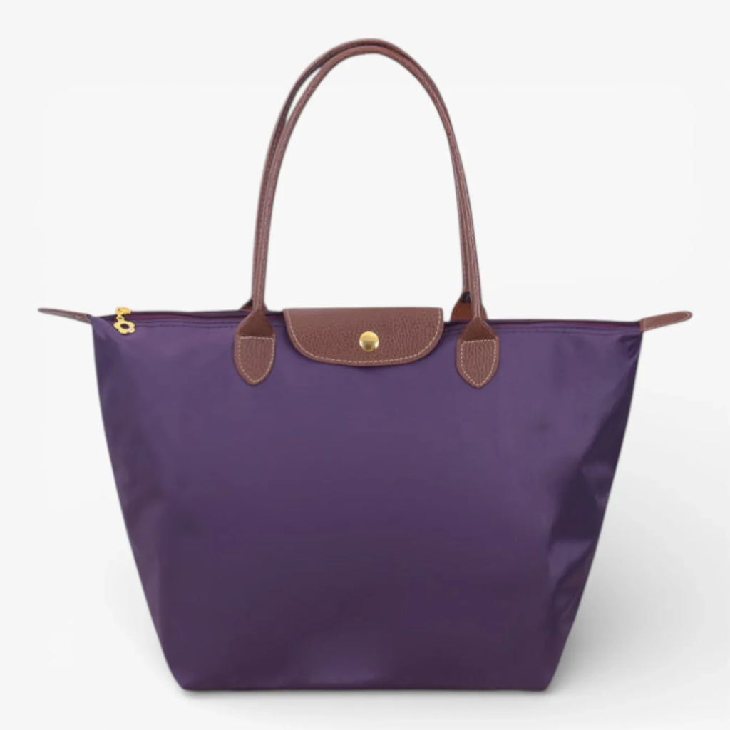 Nylon Carry Bag with Leather Trim and Zipper Closure for Women