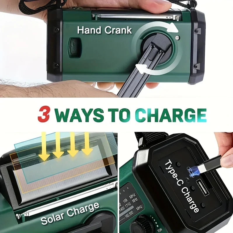 Emergency Radio with Flashlight, Solar and Hand Crank USB Charger