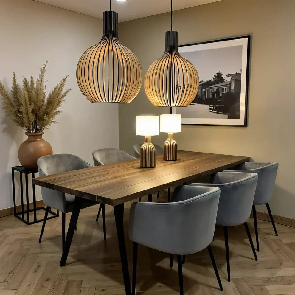 Wooden Pendant Lamp, Vintage Adjustable Hanging LED Light