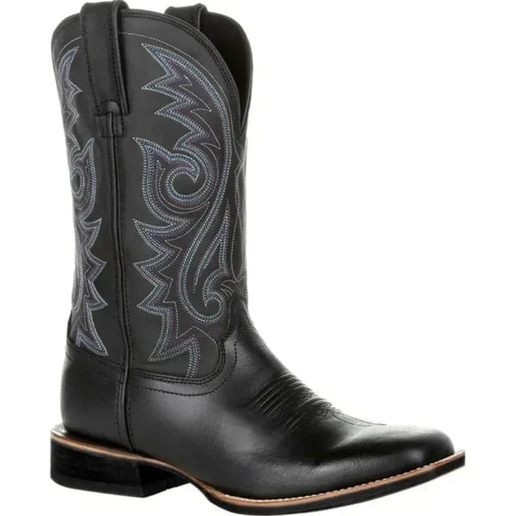 Leather Cowboy Boots for Men, Embroidered Retro Western Mid Calf