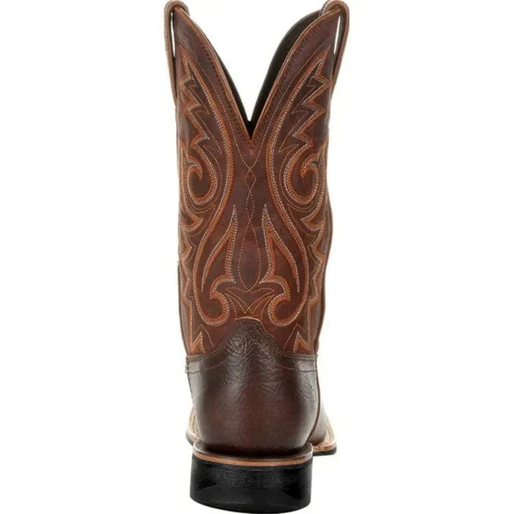Leather Cowboy Boots for Men, Embroidered Retro Western Mid Calf