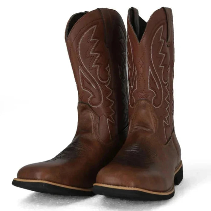 Leather Cowboy Boots for Men, Embroidered Retro Western Mid Calf