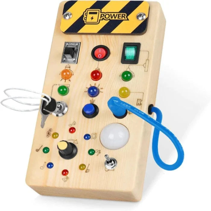 Busy Board Montessori Toy, Wooden Sensory Activity Board with LED Lights