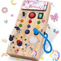 Busy Board Montessori Toy, Wooden Sensory Activity Board with LED Lights