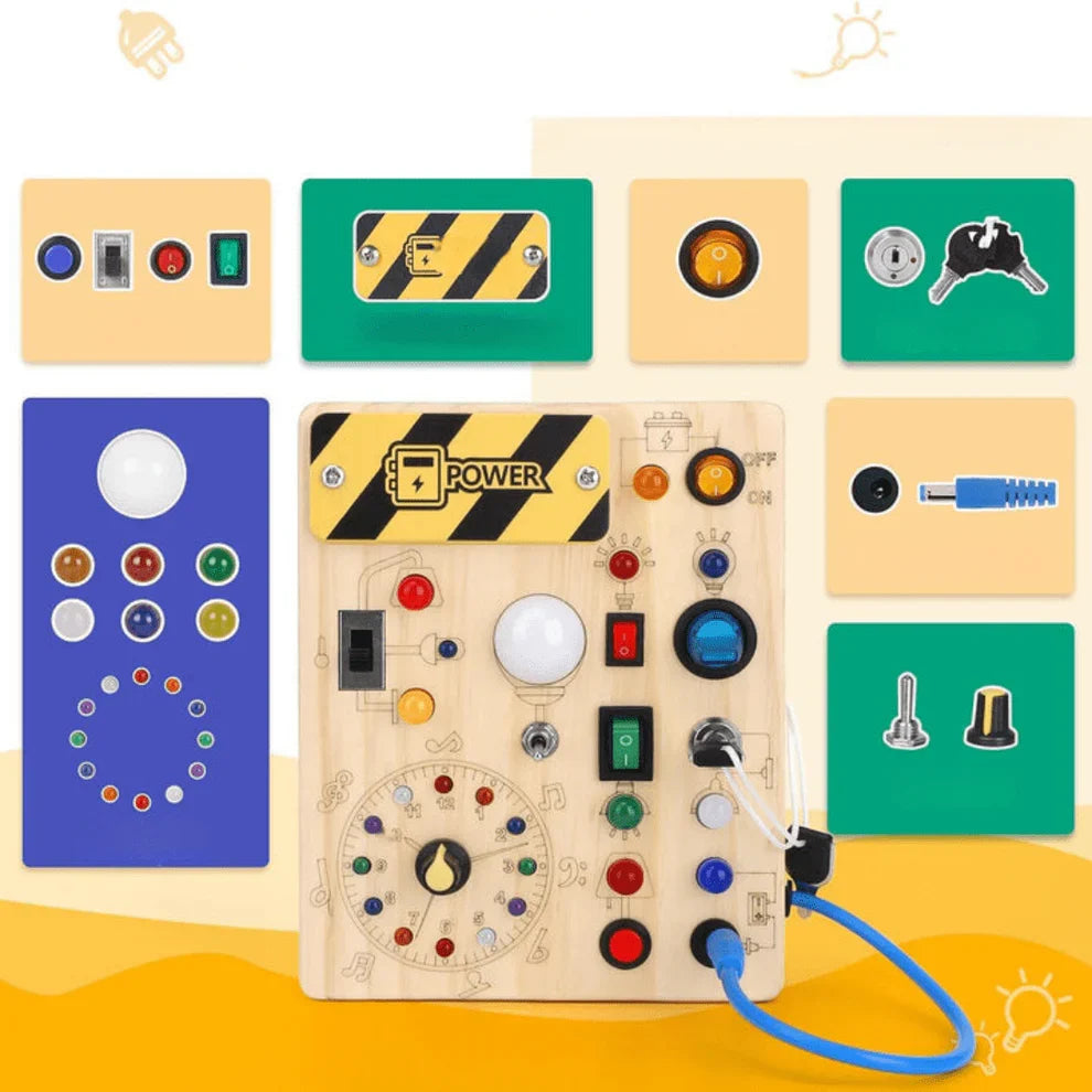 Busy Board Montessori Toy, Wooden Sensory Activity Board with LED Lights