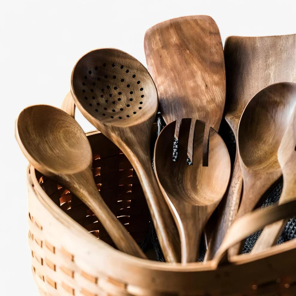Teak Wood Kitchen Utensil Set, 9 Piece Cooking Tools with Holder