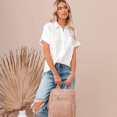 Linen Shirt for Women, Short Sleeve Loose Fit Summer Blouse