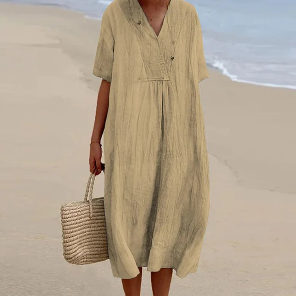 Linen Midi Dress with V-Neck and Loose Fit, Short Sleeves