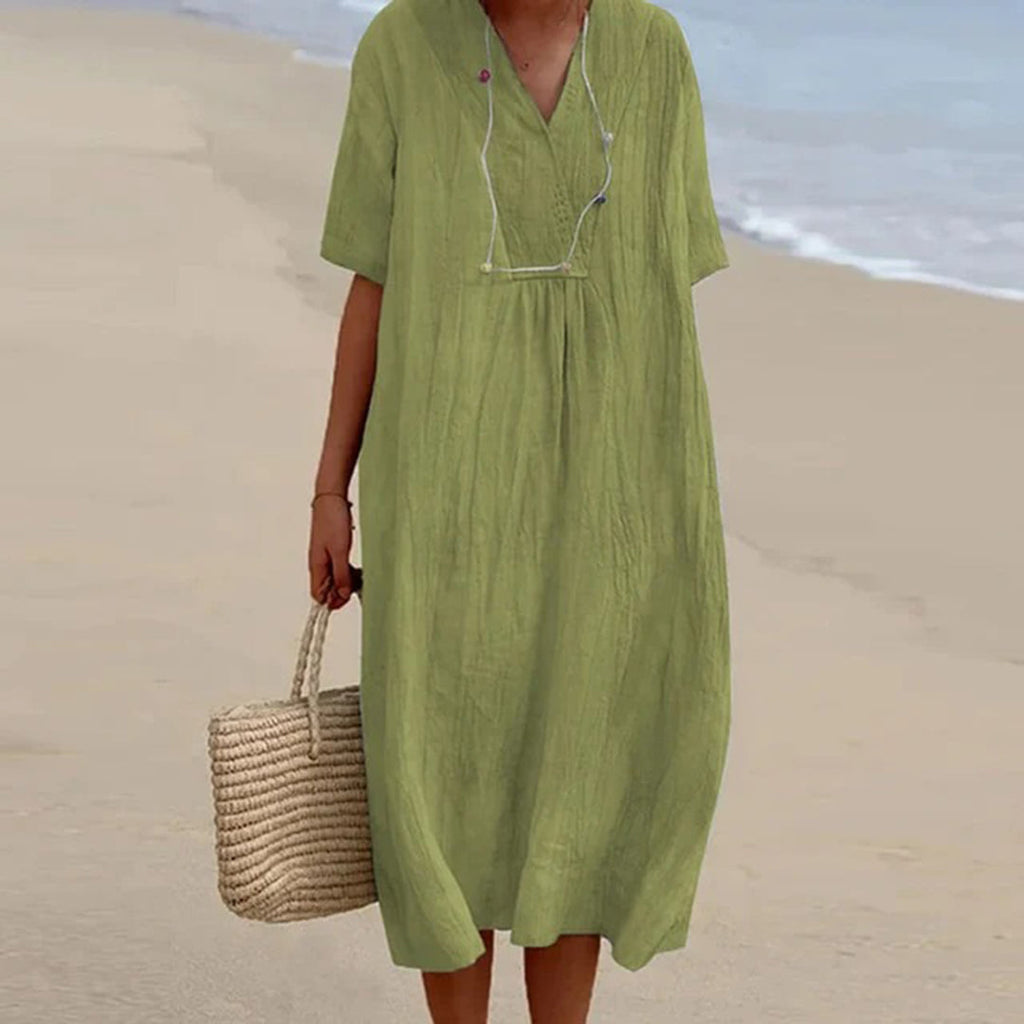 Linen Midi Dress with V-Neck and Loose Fit, Short Sleeves