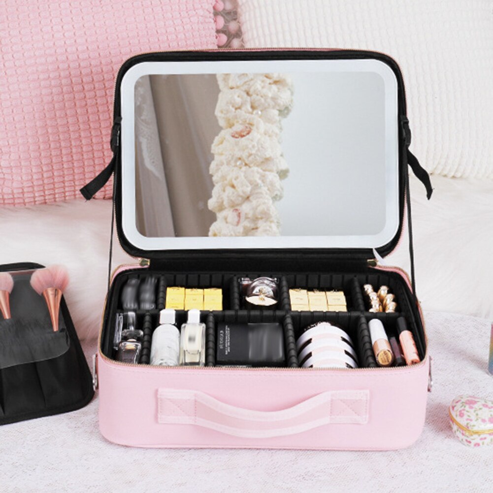 Makeup Organizer Case with Adjustable LED Mirror and Multiple Compartments