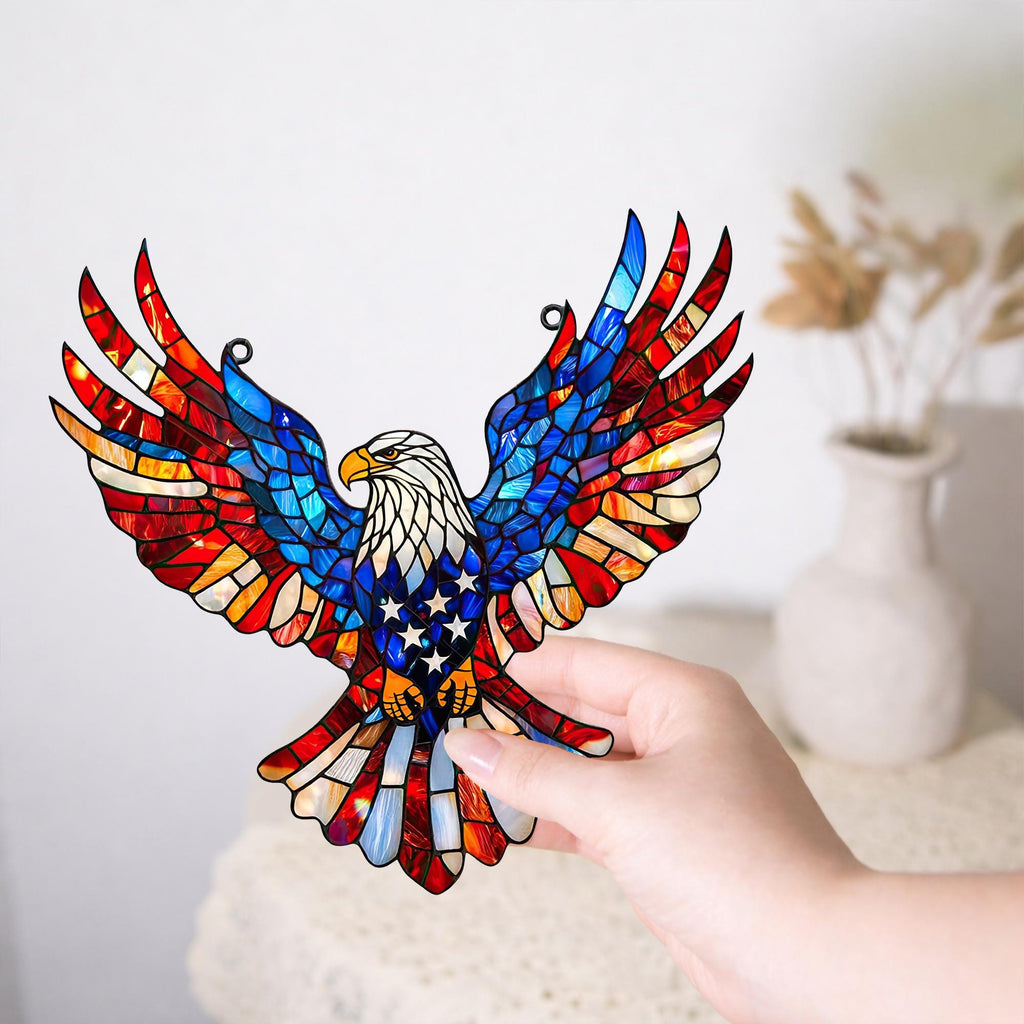 Patriotic Eagle Stained Glass Panel with Metal Hanging Chain