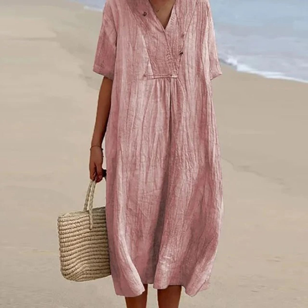 Linen Midi Dress with V-Neck and Loose Fit, Short Sleeves