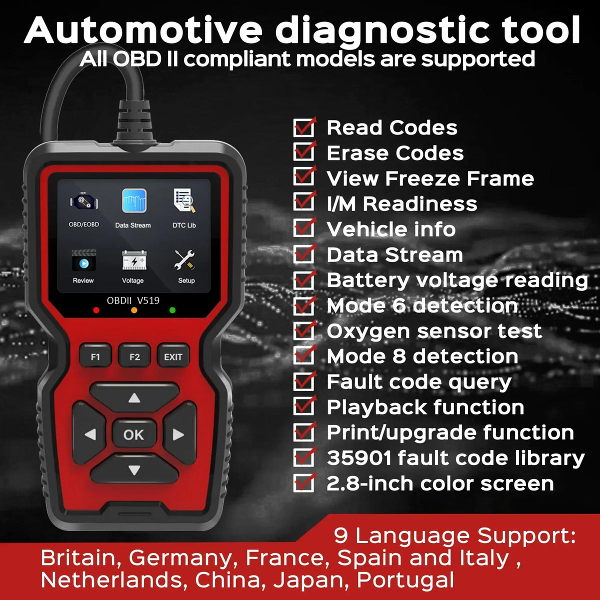 Vehicle Code Scanner with Live Data and Freeze Frame for OBD2 Cars