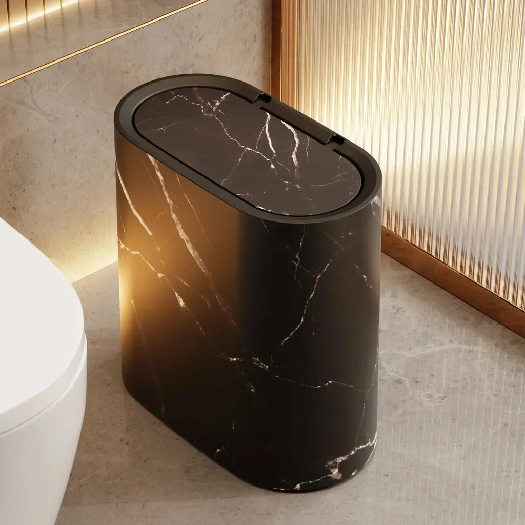 Marble Finish Trash Can with Push Top Lid and Elliptical Shape
