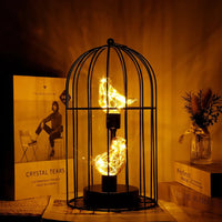 Warm White Fairy Light Table Lamp with Metal Birdcage Frame and Bird Accent