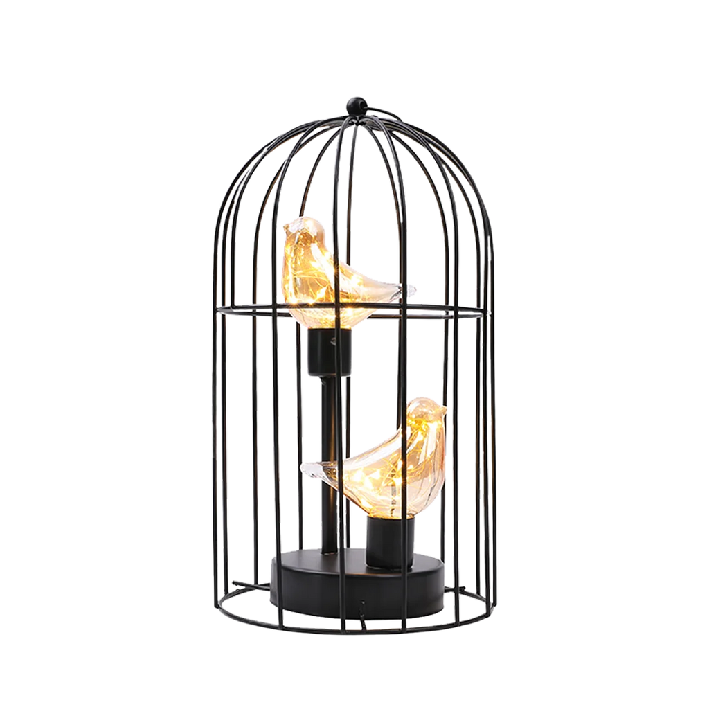 Warm White Fairy Light Table Lamp with Metal Birdcage Frame and Bird Accent