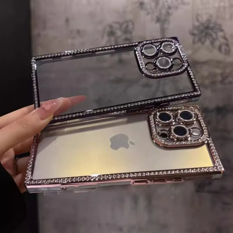 Rhinestone iPhone Case with Clear Silicone Bumper and Square Frame Design