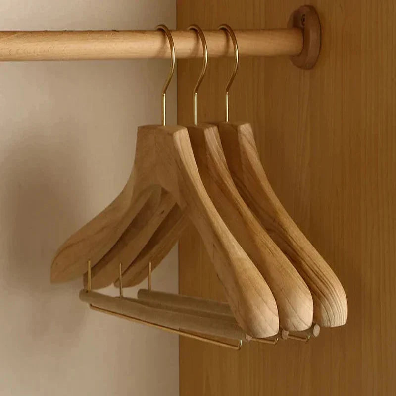 Wide Shoulder Wooden Hangers with Flocked Rod and Camphor Wood, Set of 2