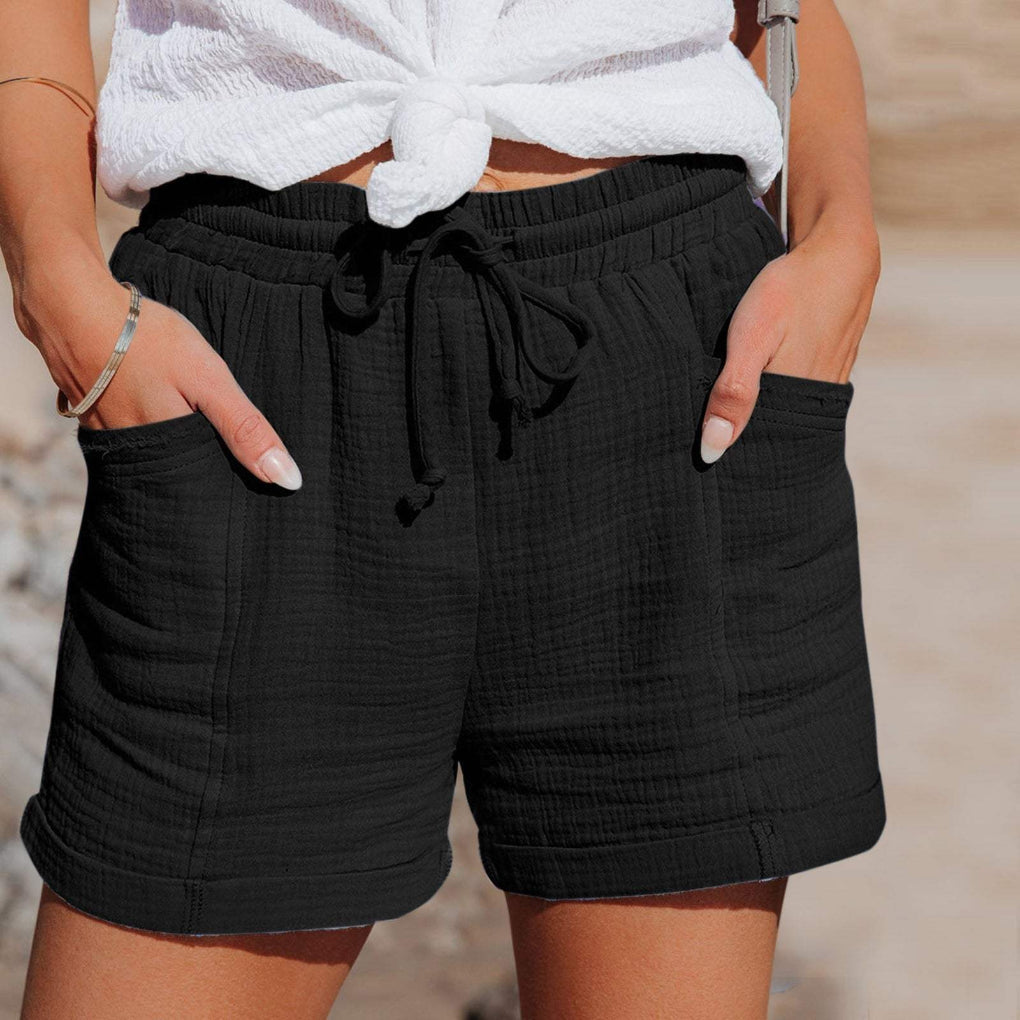 Relaxed Mid Thigh Shorts with Elastic Drawstring and Side Pockets, Breathable Blend