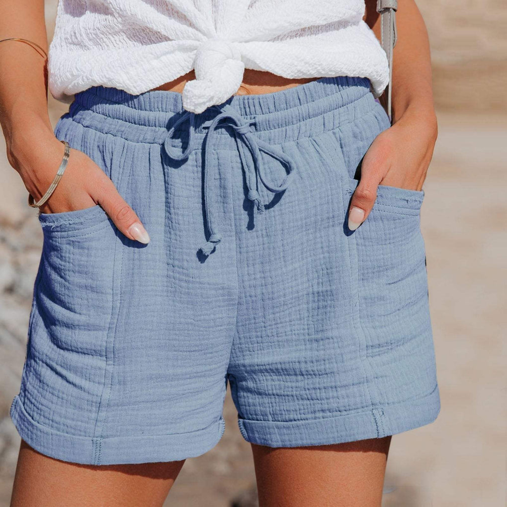 Relaxed Mid Thigh Shorts with Elastic Drawstring and Side Pockets, Breathable Blend