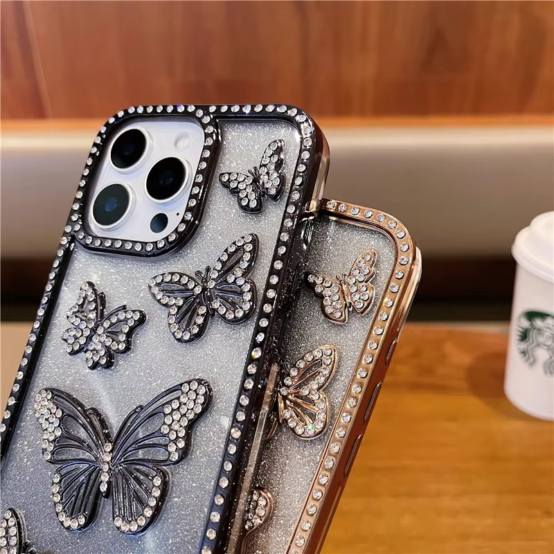 Glitter Butterfly Phone Case with Rhinestone Design and Shock Absorbent Frame