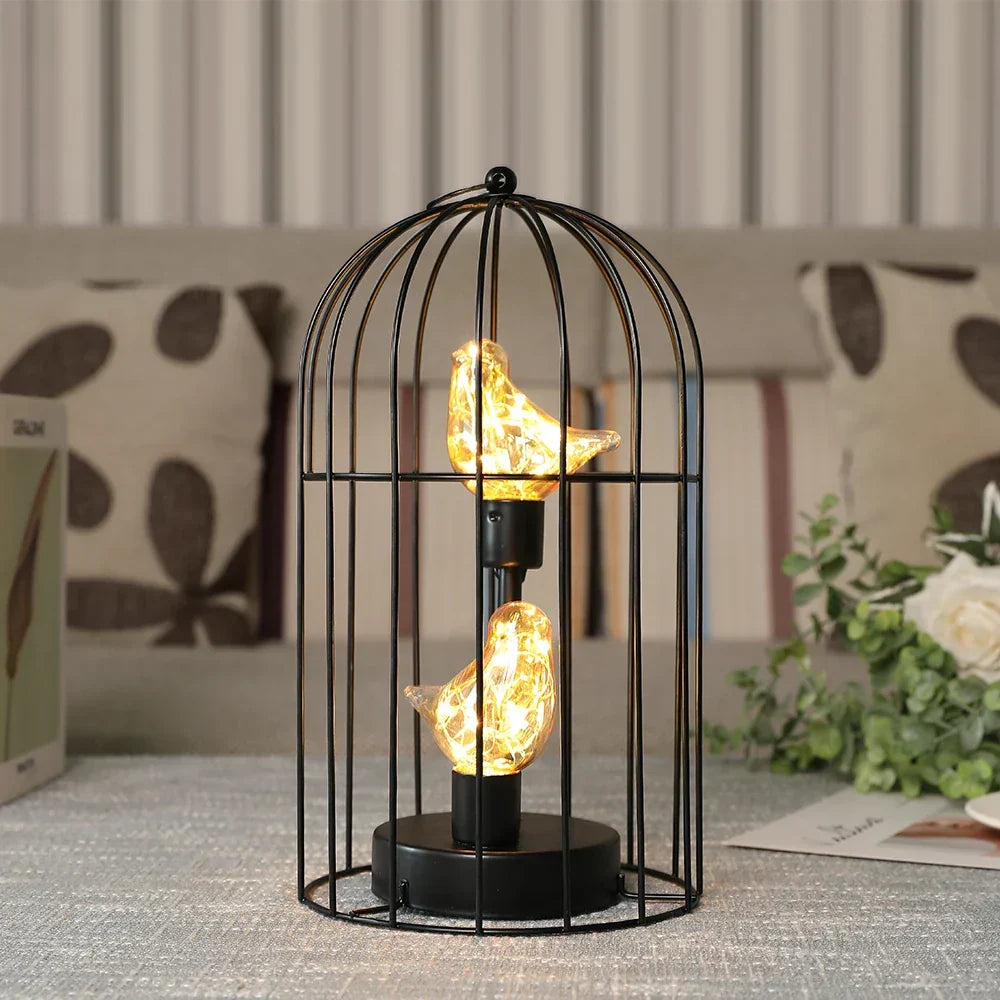 Warm White Fairy Light Table Lamp with Metal Birdcage Frame and Bird Accent
