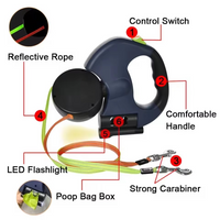 Dual Retractable Dog Leash with Flashlight and Waste Bag Dispenser for 50lb Dogs
