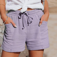 Relaxed Mid Thigh Shorts with Elastic Drawstring and Side Pockets, Breathable Blend