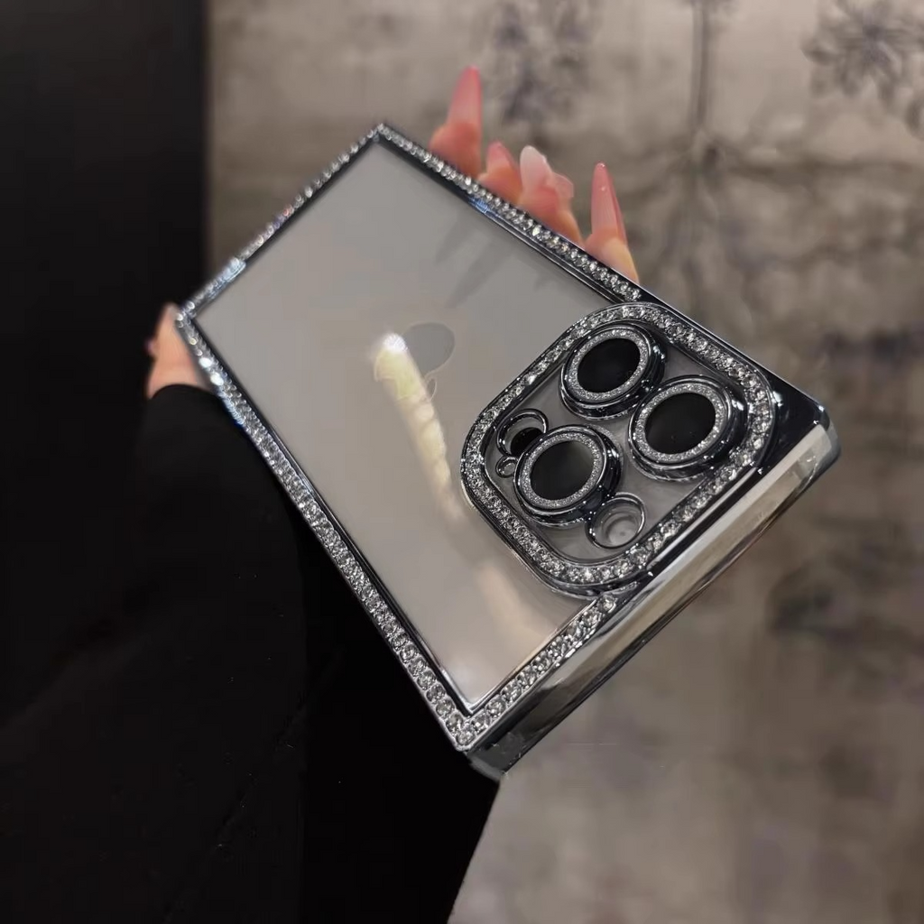 Rhinestone iPhone Case with Clear Silicone Bumper and Square Frame Design
