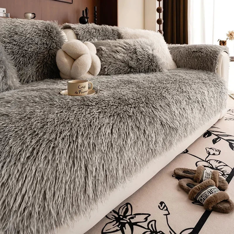 Faux Lambswool Sofa Cover with Stretchable Fit and Machine Washable Fabric